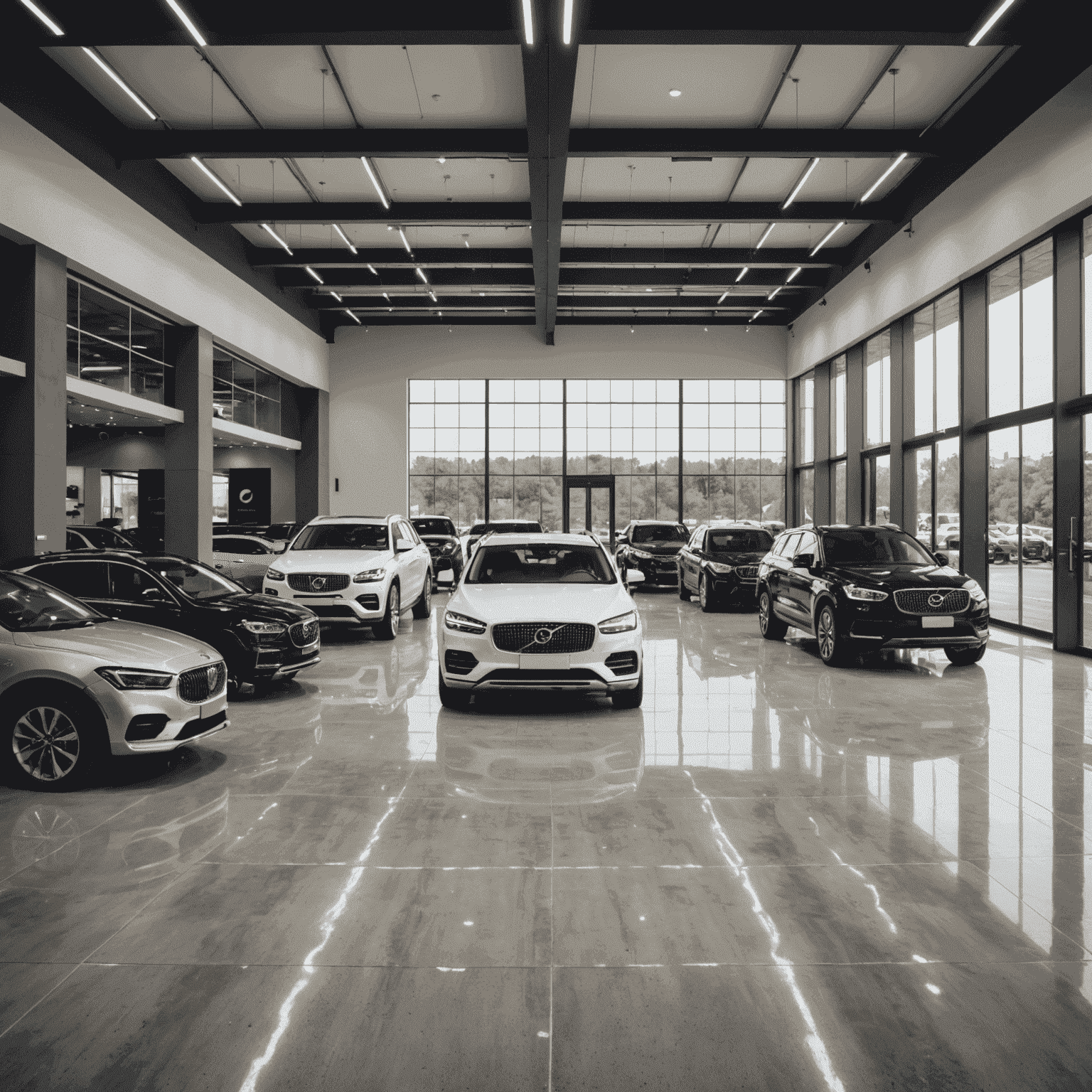 Een moderne autoshowroom met een breed assortiment aan voertuigen, variërend van compacte stadsauto's tot luxe sedans en SUV's. De showroom heeft een strakke, industriële uitstraling met betonnen vloeren en hoge plafonds.