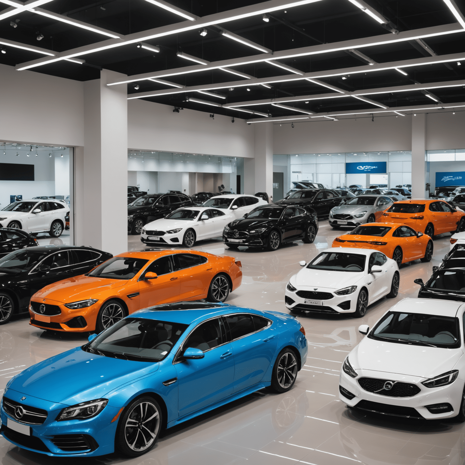 Een showroom vol met glanzende nieuwe auto's van verschillende merken, klaar voor verkoop