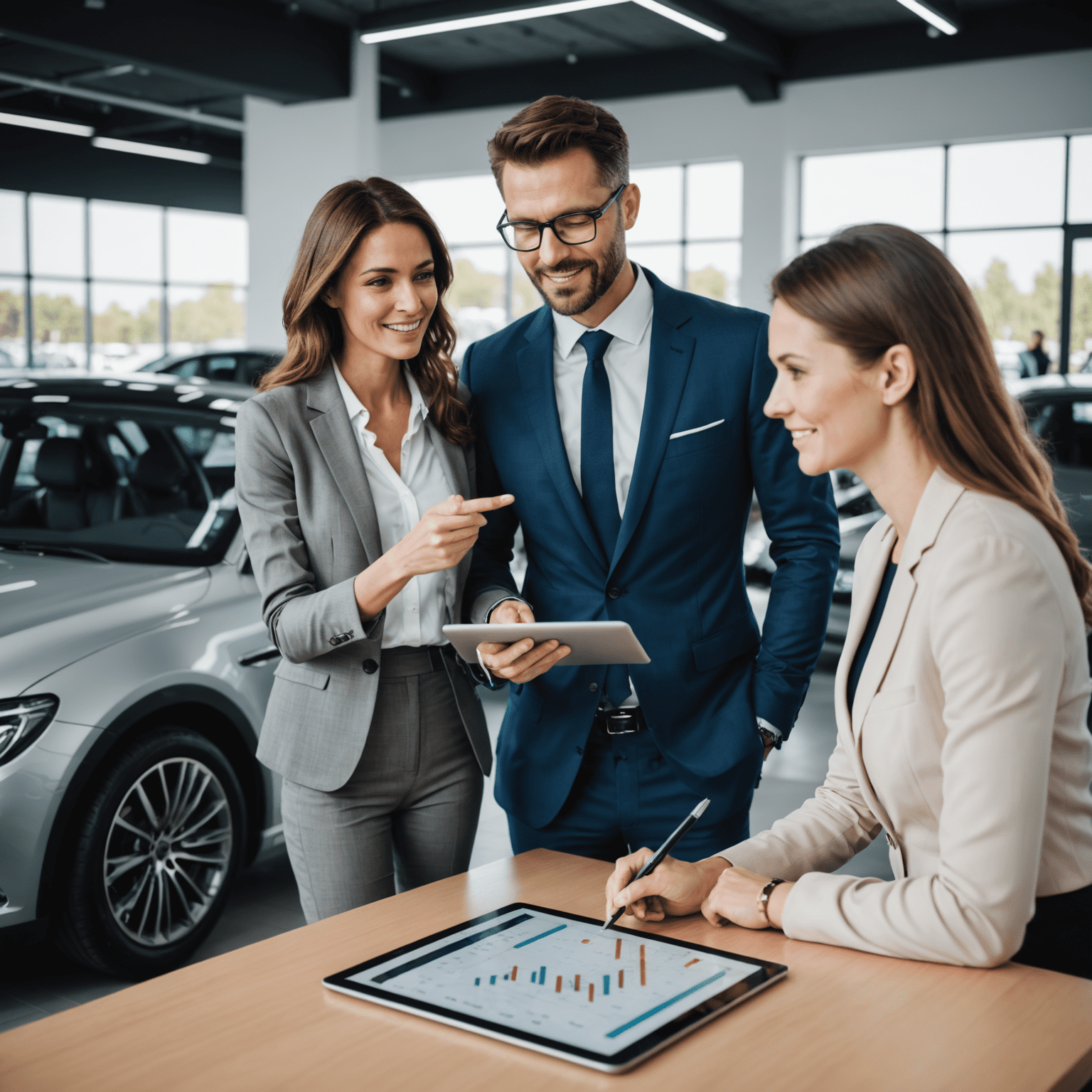 Een professionele financieel adviseur die een autofinancieringsplan uitlegt aan een geïnteresseerd stel in een moderne autoshowroom. De adviseur wijst naar een tablet met grafieken en cijfers terwijl het stel aandachtig luistert.