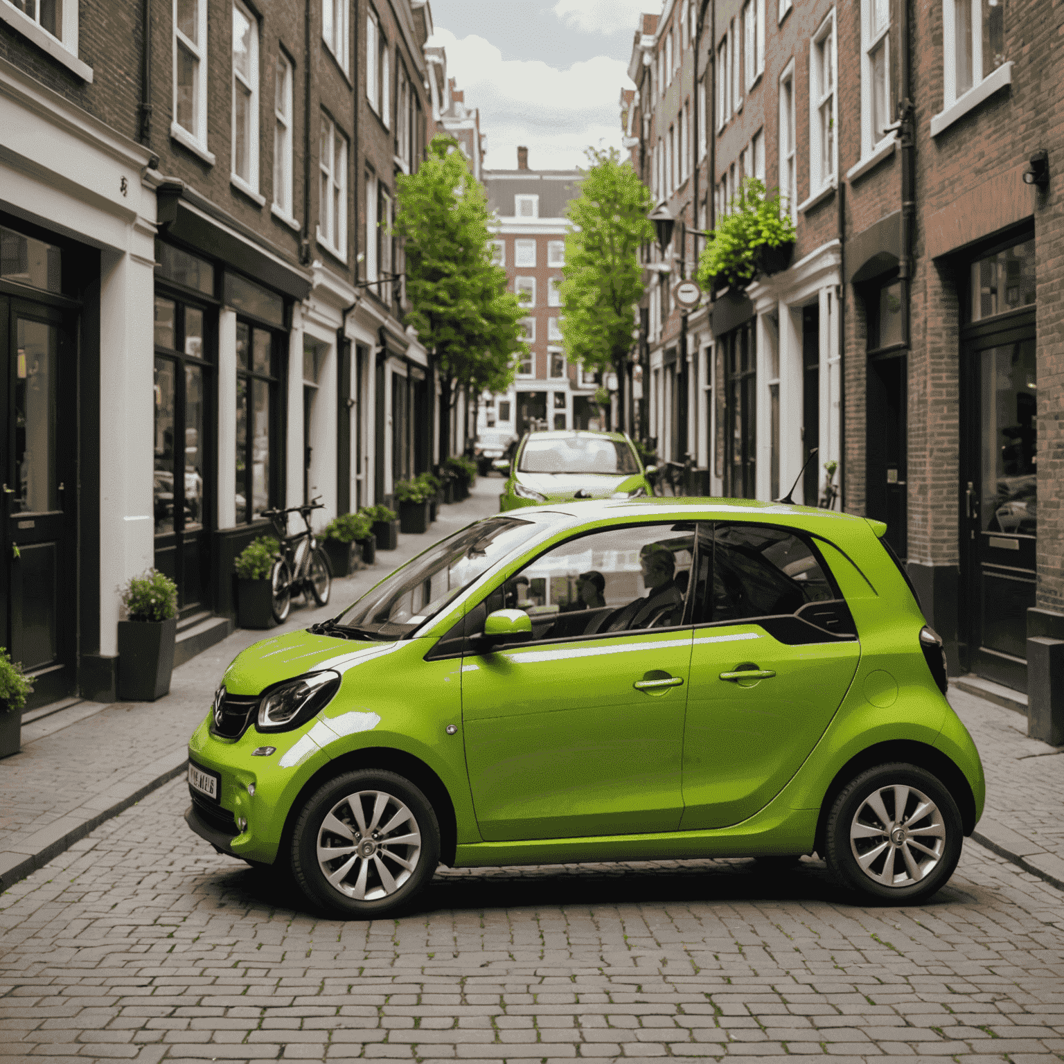 Een compacte elektrische stadsauto in felgroen, geparkeerd op een smalle straat in Amsterdam. De auto heeft een vrolijk design en is perfect voor stedelijk gebruik.