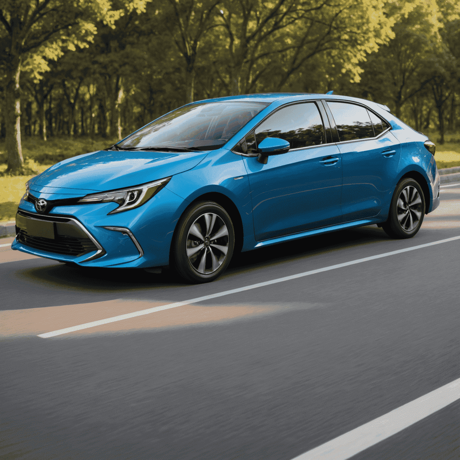 Een blauwe Toyota Corolla Hybrid, model 2020, met zuinig brandstofverbruik en moderne veiligheidsvoorzieningen