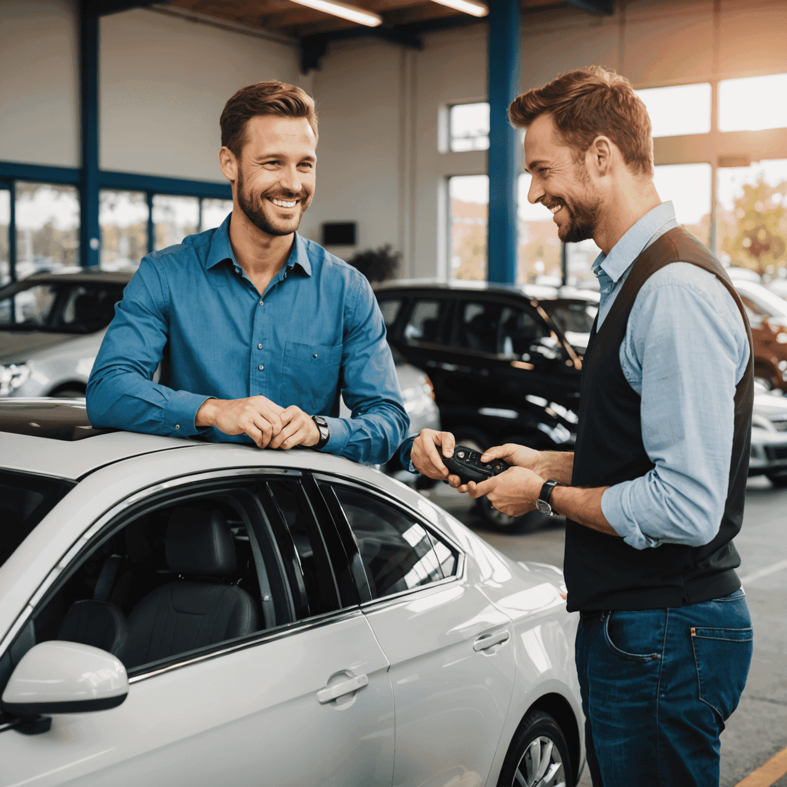 Een tevreden klant die de sleutels van zijn gerepareerde auto in ontvangst neemt van een glimlachende technicus