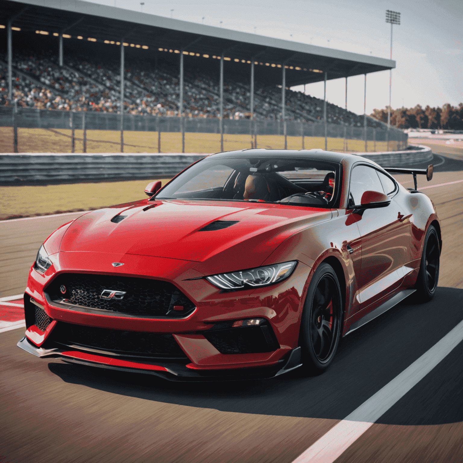 Een laag, aerodynamisch vormgegeven sportcoupé in vuurrood, met opvallende velgen en een agressief ogende voorbumper, op een circuit