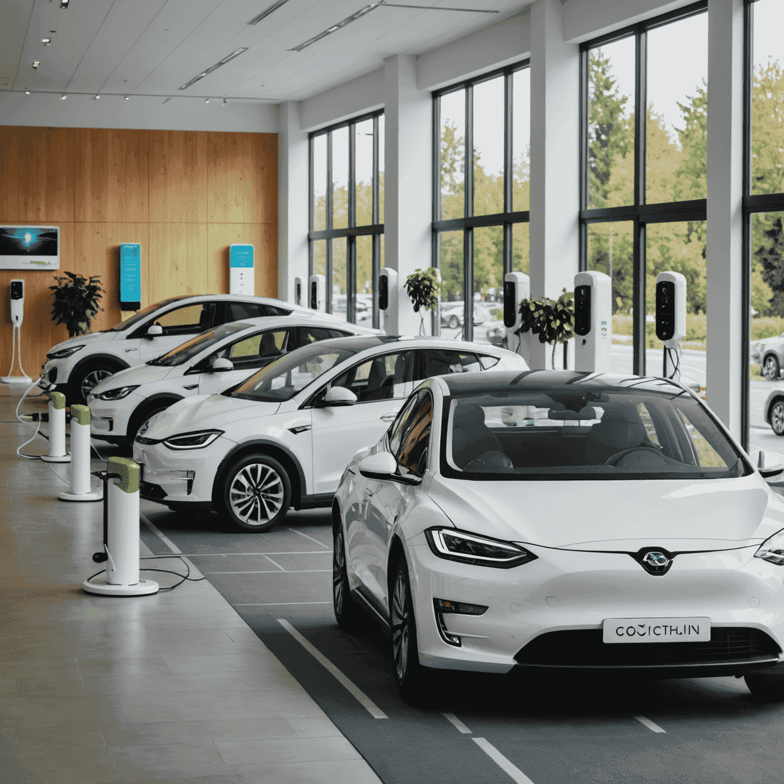 Een reeks elektrische auto's in een showroom, met laadstations en infographics over milieuvriendelijk rijden