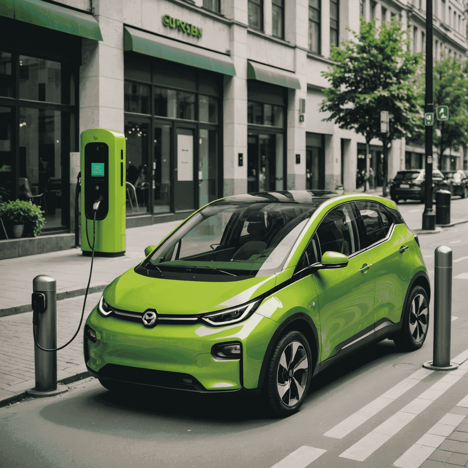 Een compacte elektrische auto in felle groene kleur, met een futuristisch ontwerp en laadpoort zichtbaar, geparkeerd naast een laadstation in een stedelijke omgeving