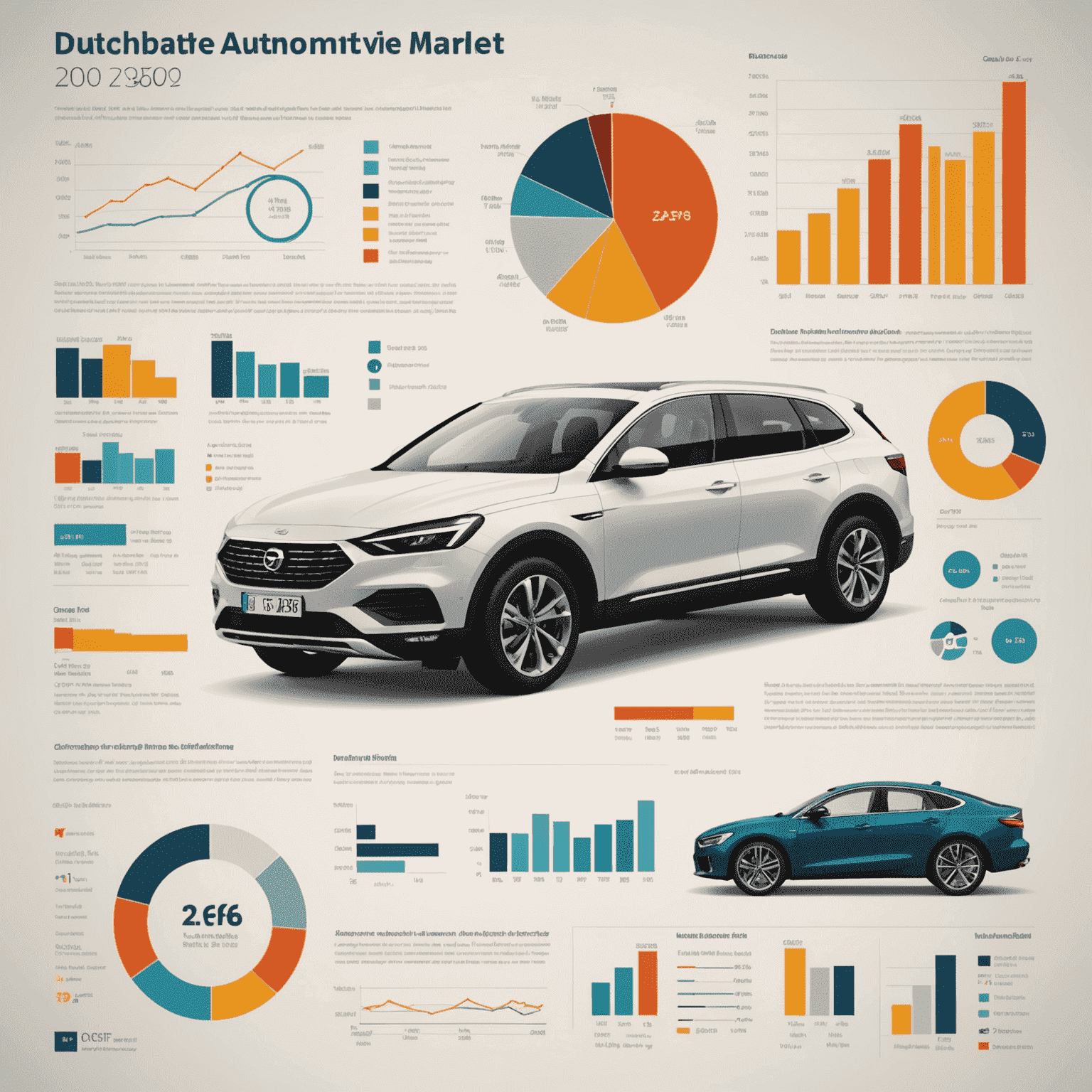 Infographic met grafieken en cijfers die de trends in de Nederlandse automarkt weergeven